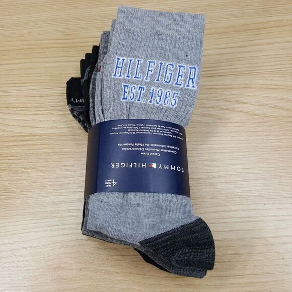 TOMMY HILFIGER Mens Crew Socks Gray Black 4-Pack Performance Logo - Picture 1 of 6